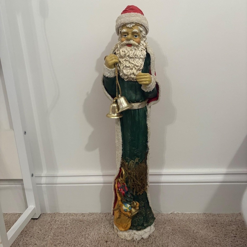 Vintage Handcrafted Santa With Bells & Toy Bag 22" tall 4" across Pencil Style